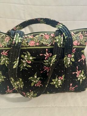 Quilted Black Tote with Pink Floral Trim